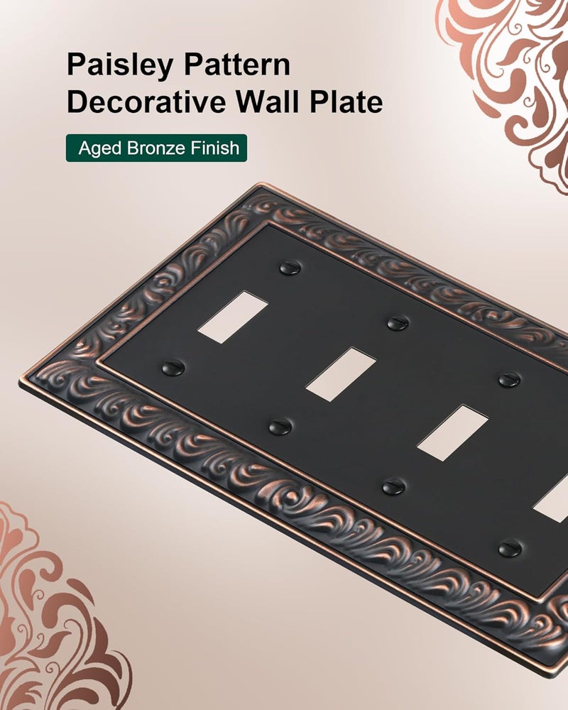 treewell 2-Pack Quad Toggle Light Switch Cover Plate, 4 Gang Metal Switch Plate Covers, Paisley Pattern Decorative Wall Plates, Corrosion Resistant, Aged Bronze - Image 3